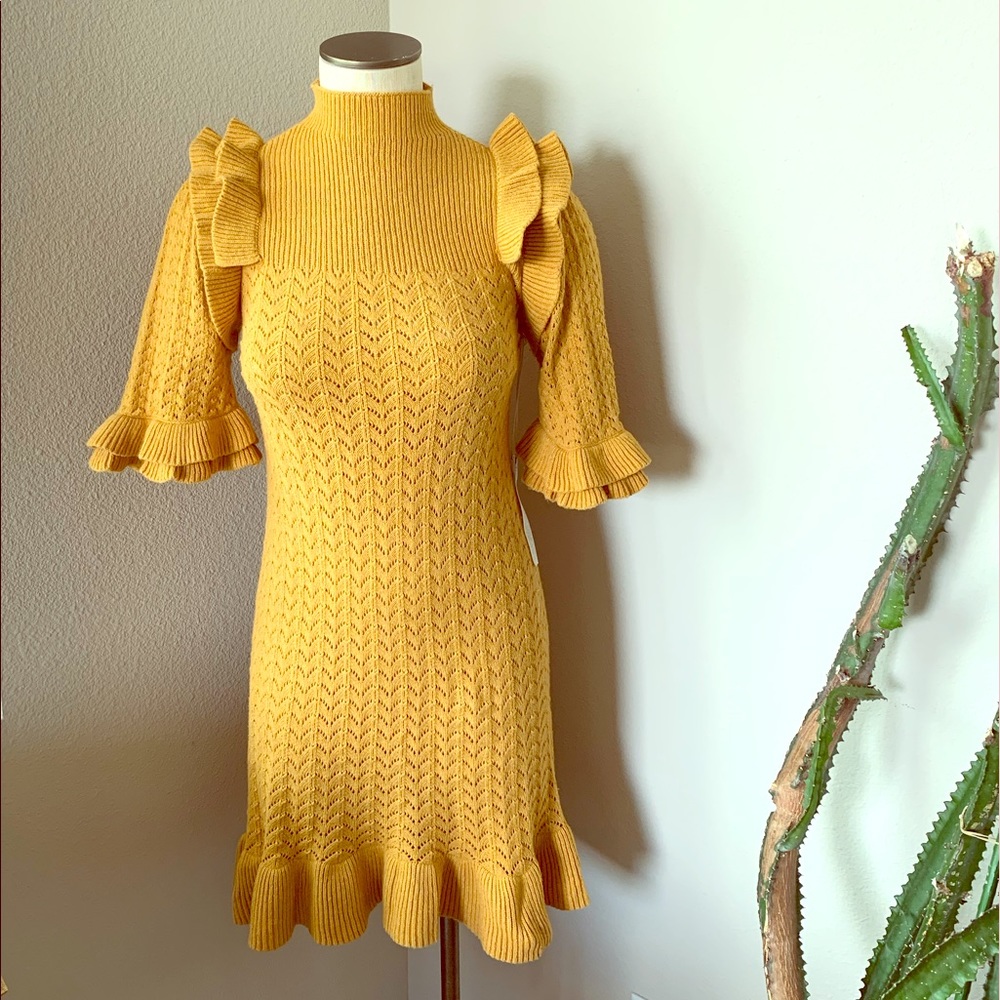 Mustard Knit Sweater Ruffle Boho/60’s/70’s Dress